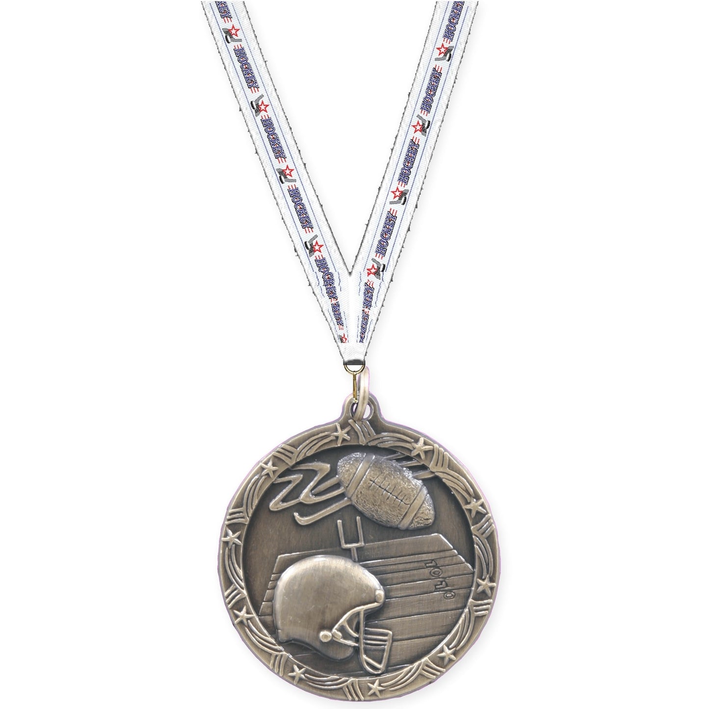 1 3/4 inch football Shooting Star medal in antique gold with Hockey neck ribbon
