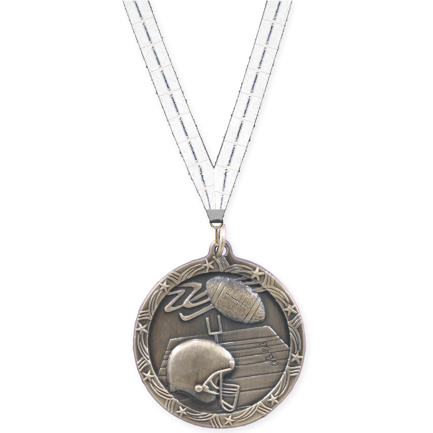 1 3/4 inch football Shooting Star medal in antique gold with Lamp Of Knowledge neck ribbon