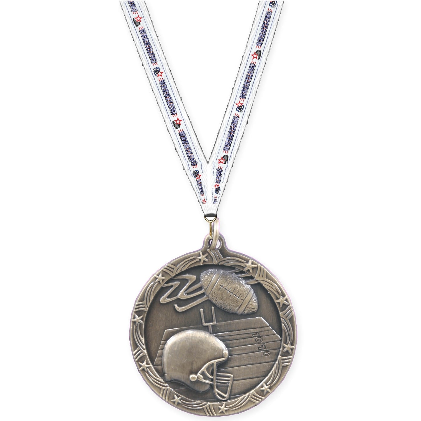 1 3/4 inch football Shooting Star medal in antique gold with Wrestling neck ribbon