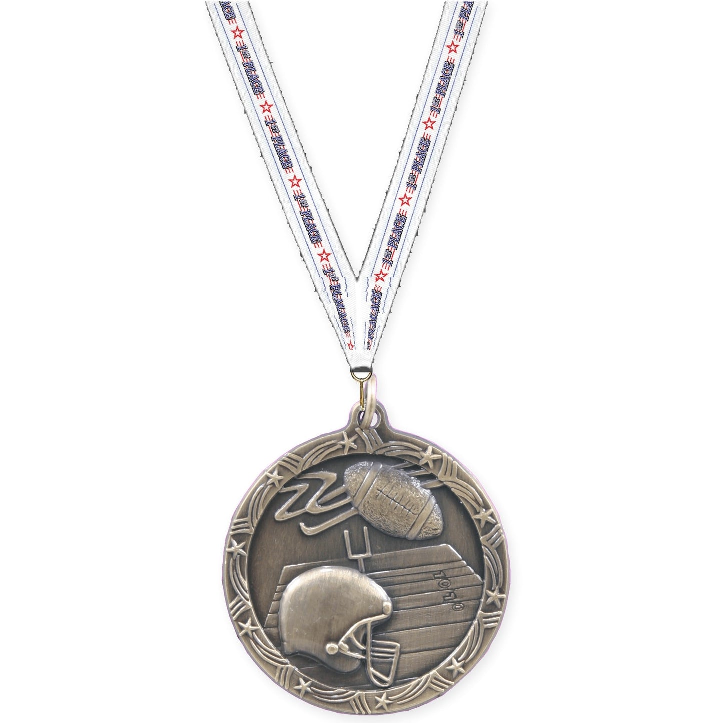 1 3/4 inch football Shooting Star medal in antique gold with 1st Place neck ribbon