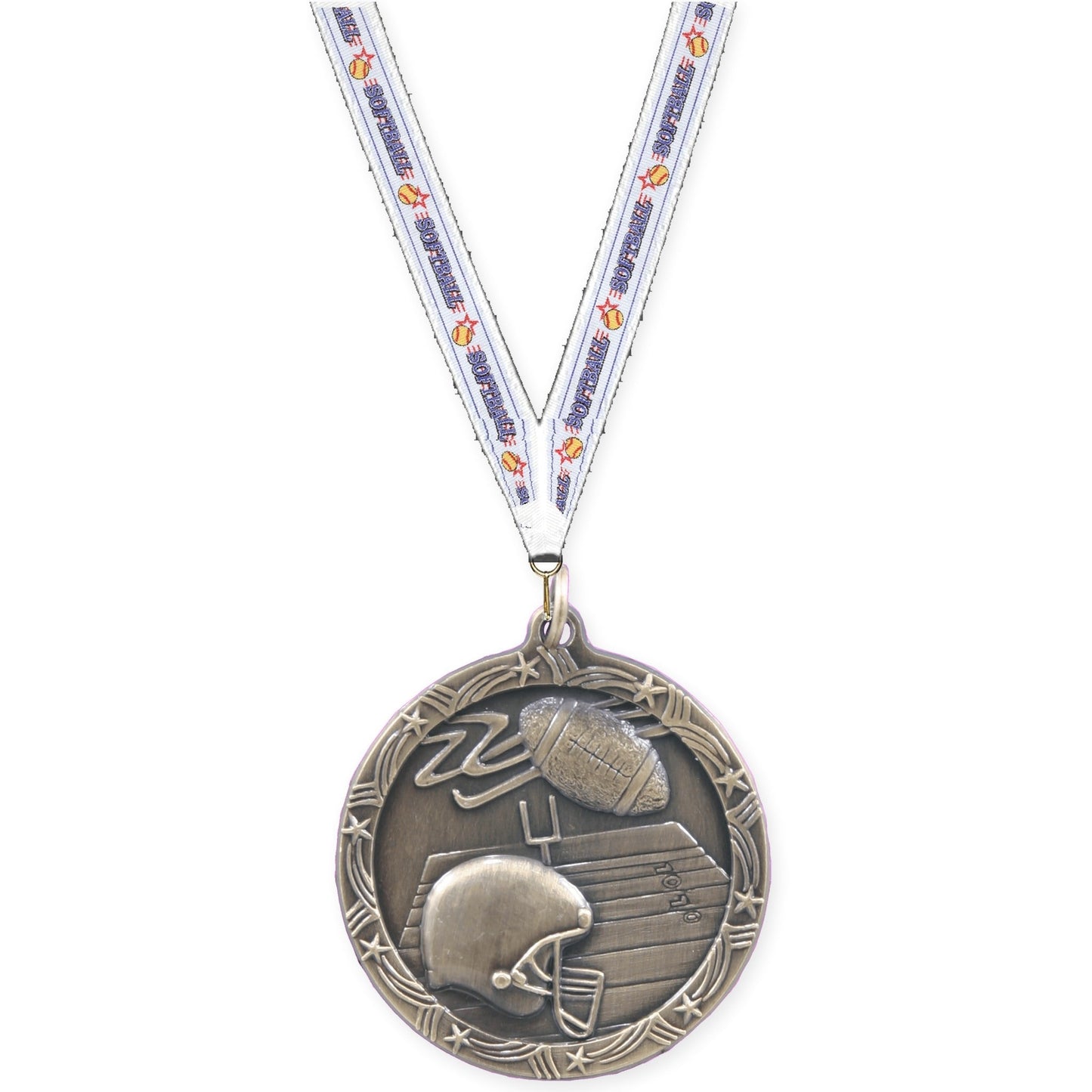 2 1/2 inch football Shooting Star medal in antique gold with Softball neck ribbon