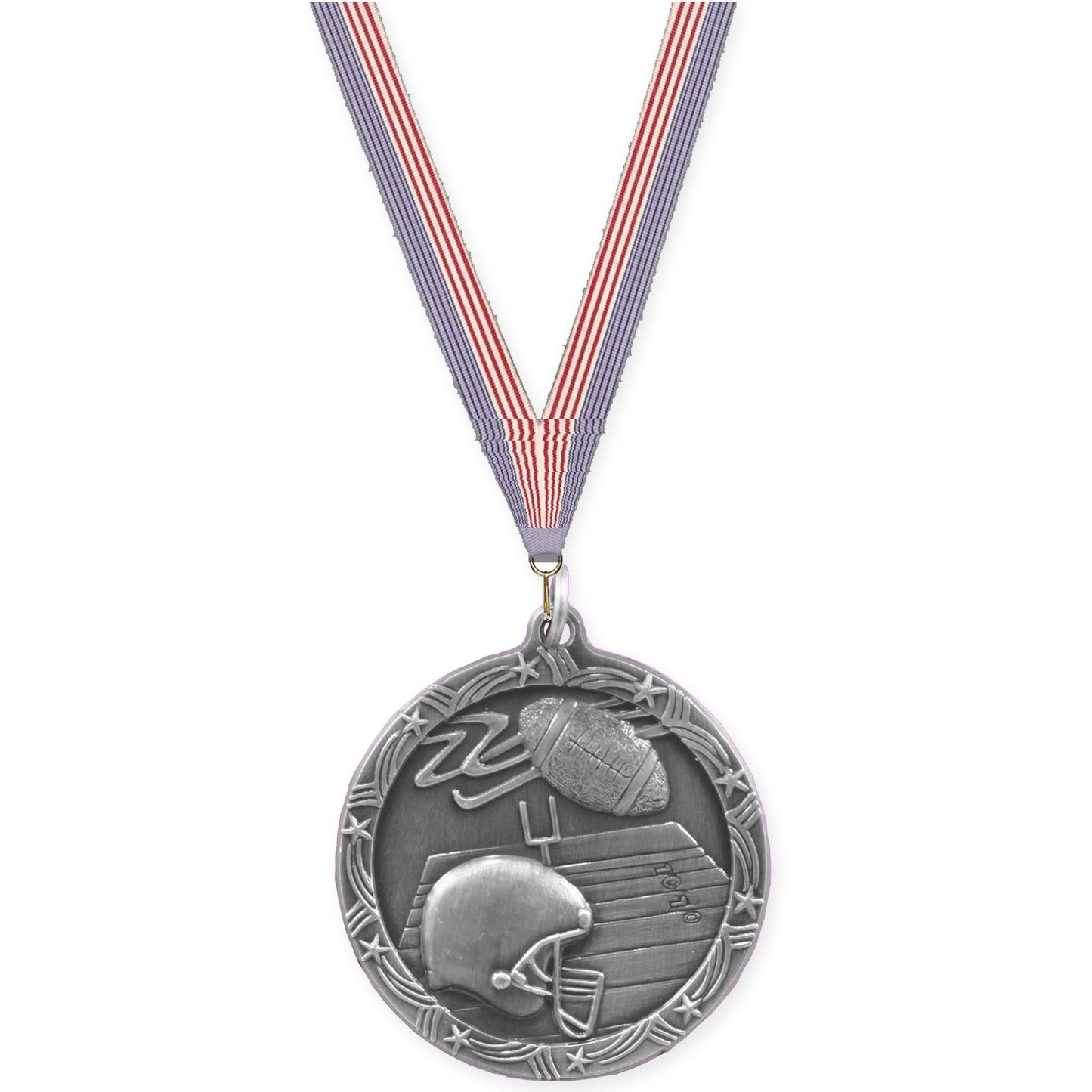 1 3/4 inch football Shooting Star medal in antique silver with USA Flag neck ribbon