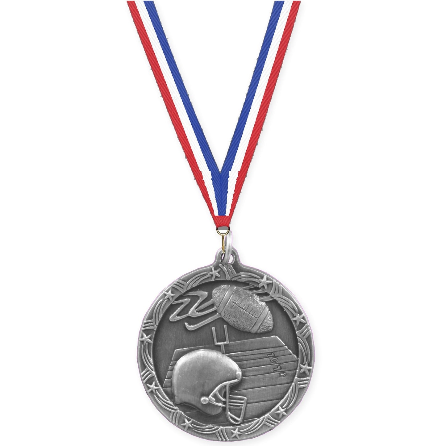 1 3/4 inch football Shooting Star medal in antique silver with Red White Blue neck ribbon