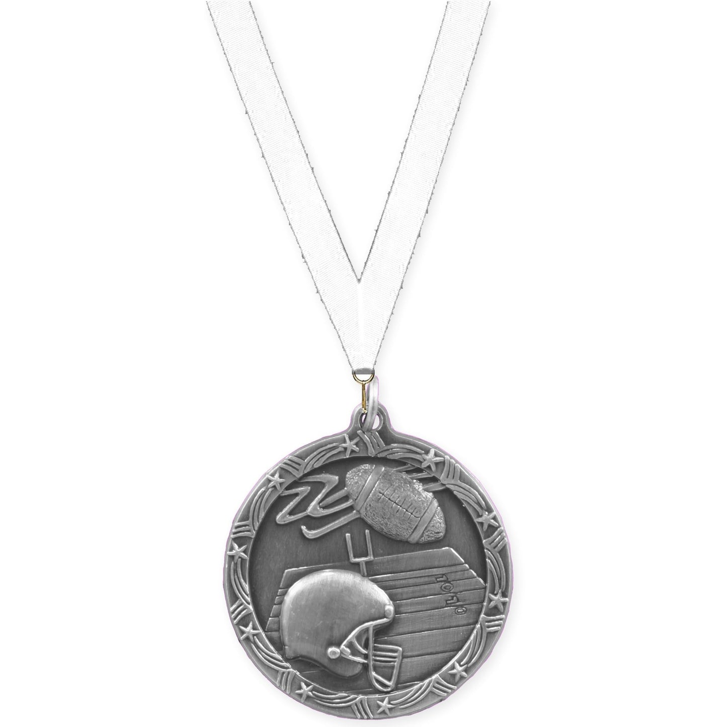 1 3/4 inch football Shooting Star medal in antique silver with White neck ribbon