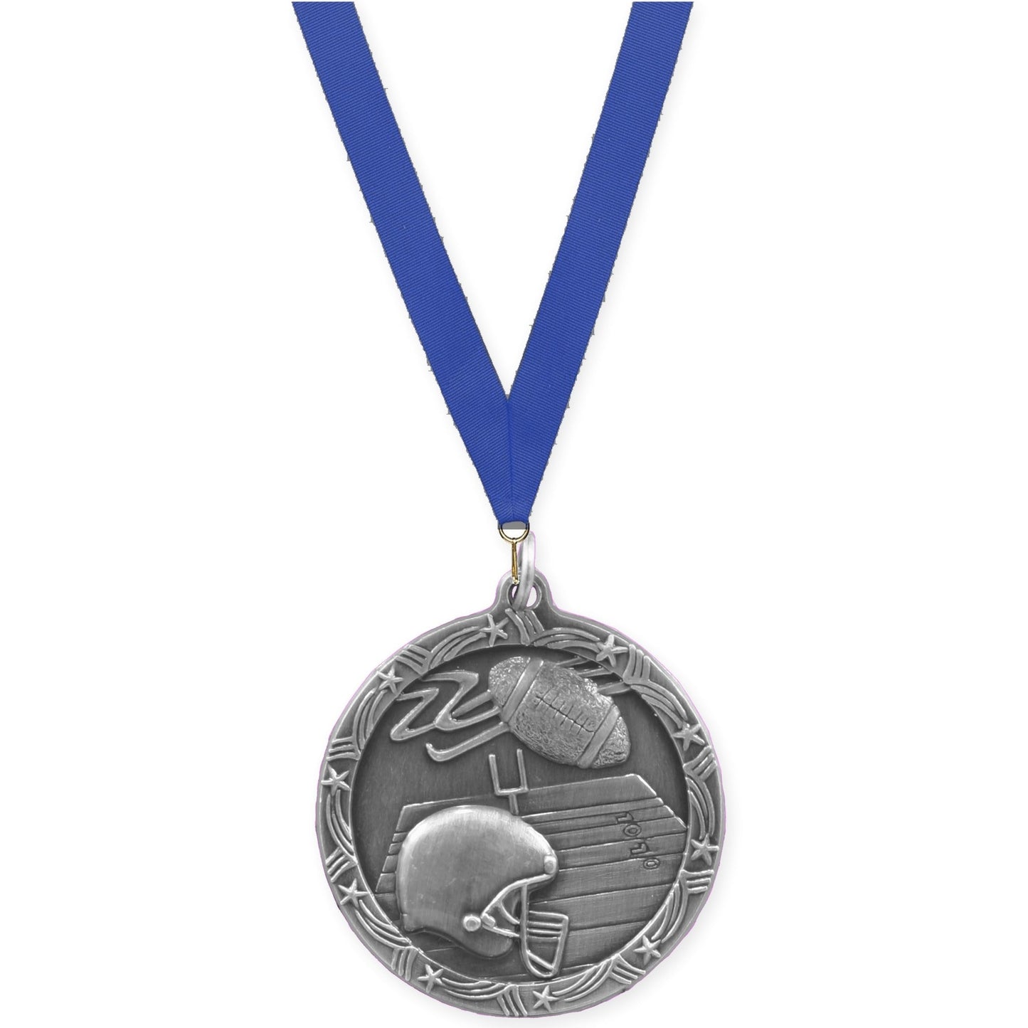 1 3/4 inch football Shooting Star medal in antique silver with Blue neck ribbon