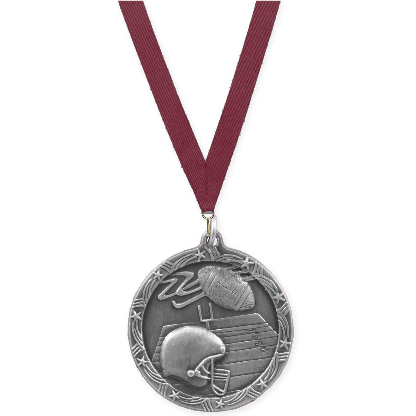 1 3/4 inch football Shooting Star medal in antique silver with Maroon neck ribbon