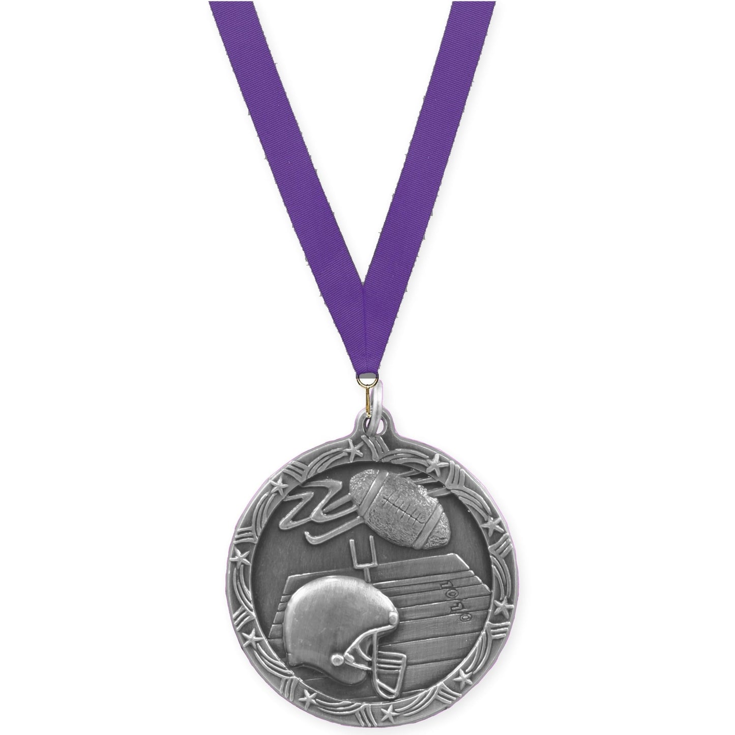 1 3/4 inch football Shooting Star medal in antique silver with Purple neck ribbon