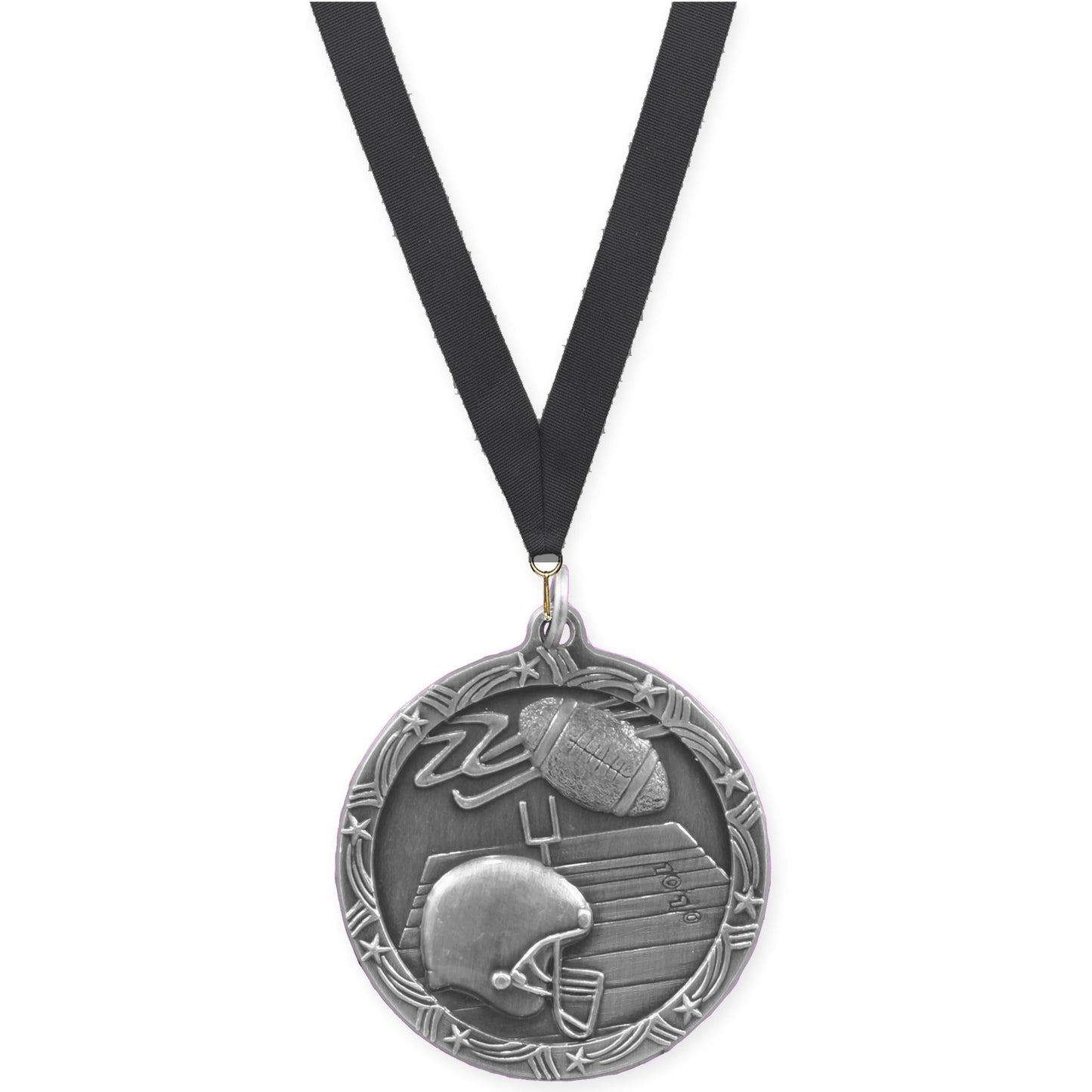 1 3/4 inch football Shooting Star medal in antique silver with Black neck ribbon