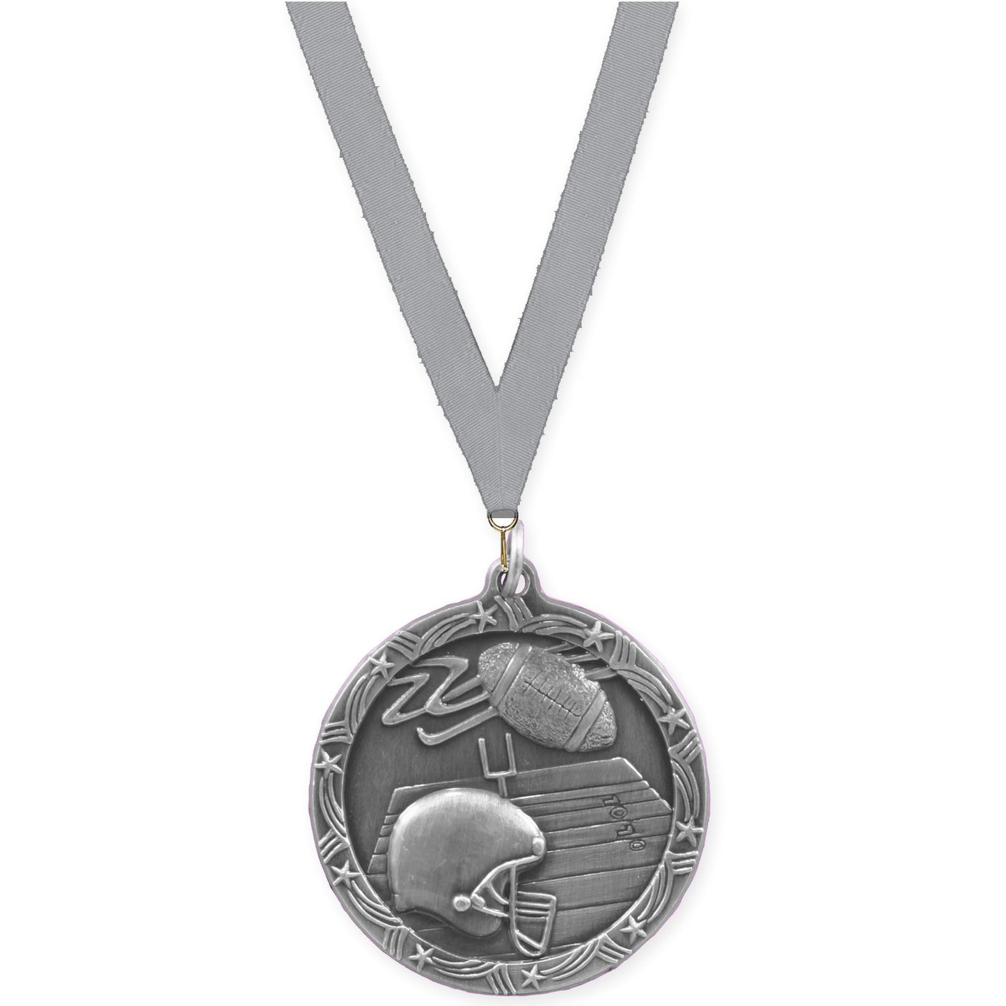 2 1/2 inch football Shooting Star medal in antique silver with Gray neck ribbon