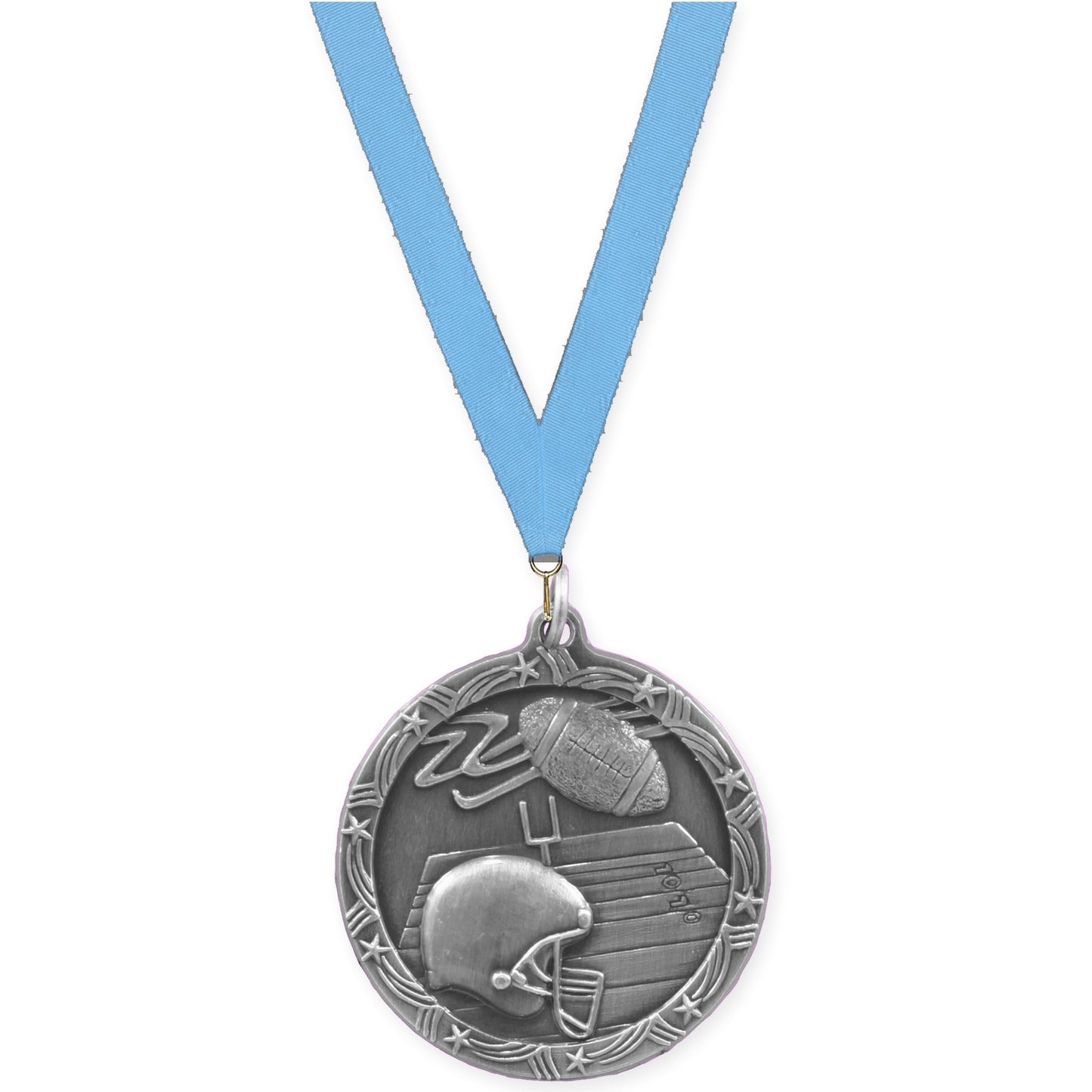 1 3/4 inch football Shooting Star medal in antique silver with Light Blue neck ribbon