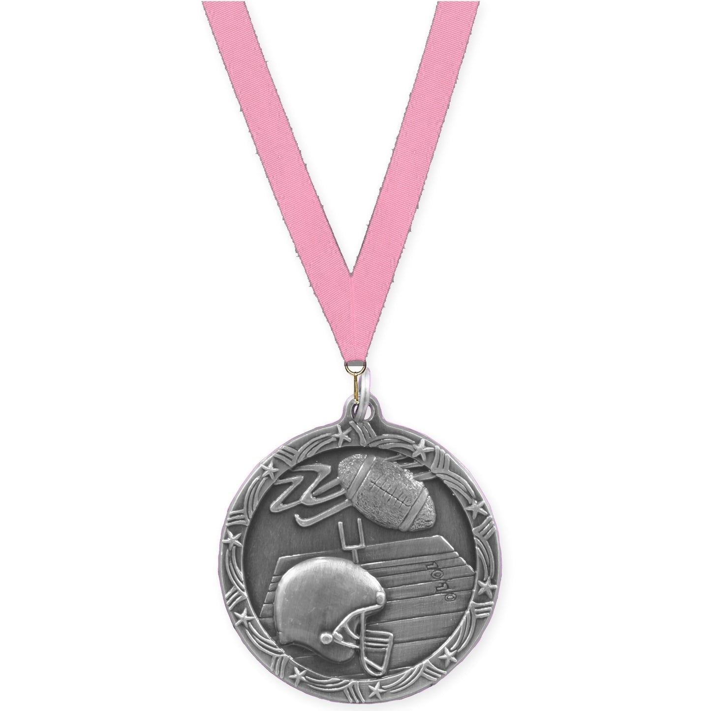 1 3/4 inch football Shooting Star medal in antique silver with Pink neck ribbon