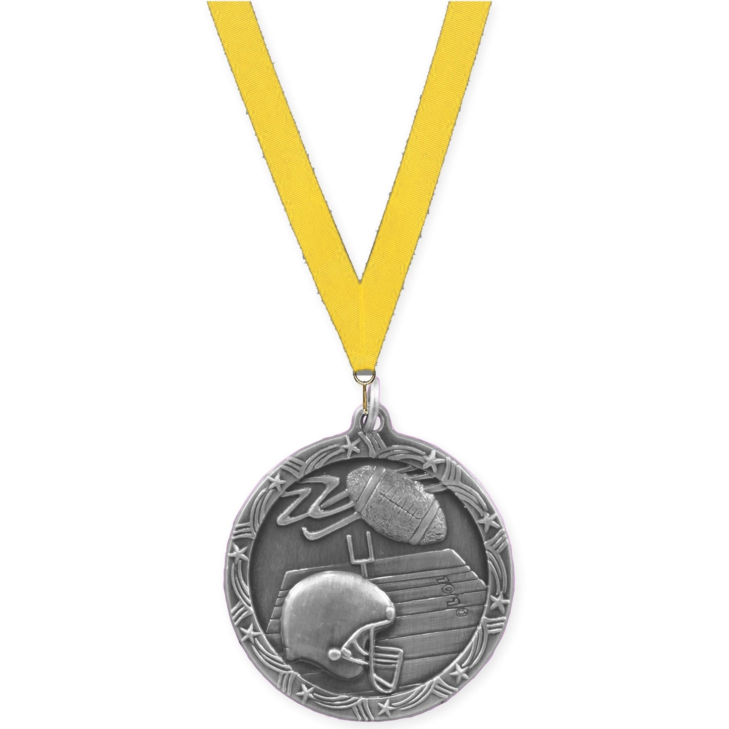 2 1/2 inch football Shooting Star medal in antique silver with Yellow neck ribbon
