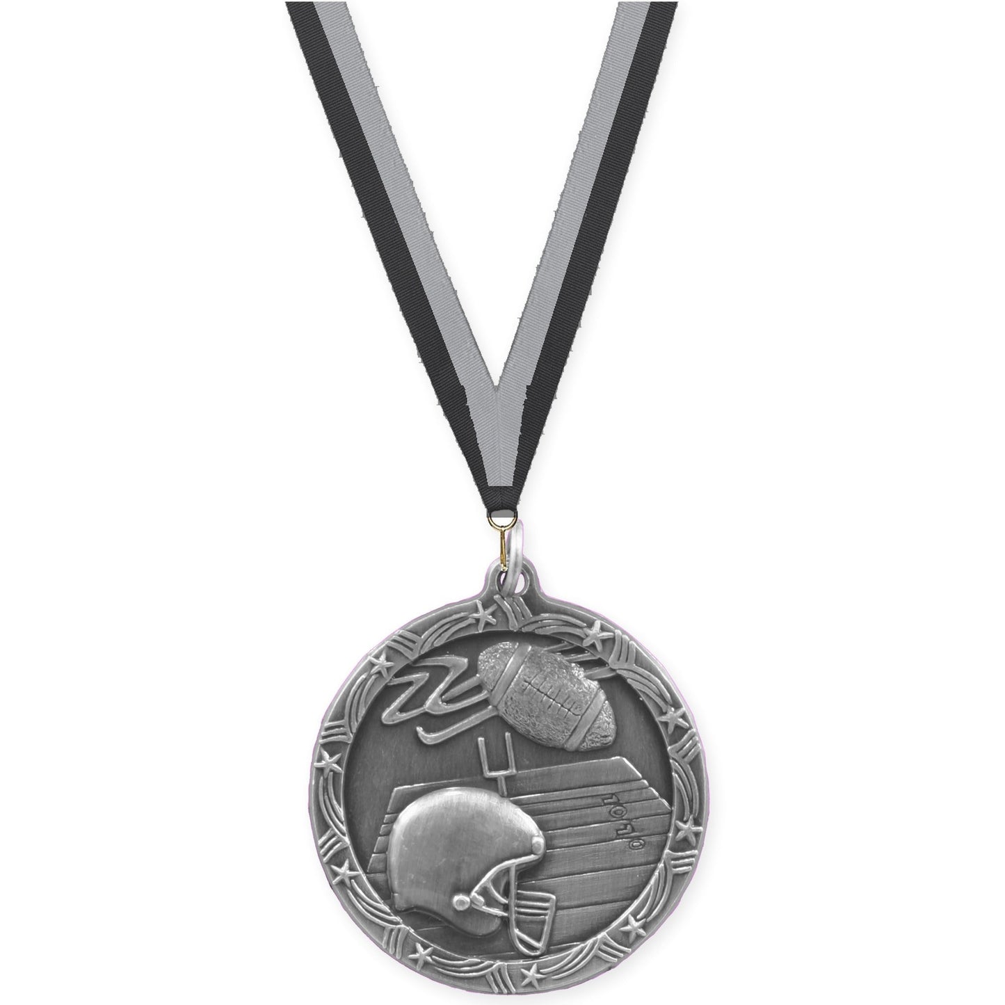 1 3/4 inch football Shooting Star medal in antique silver with Black Gray neck ribbon