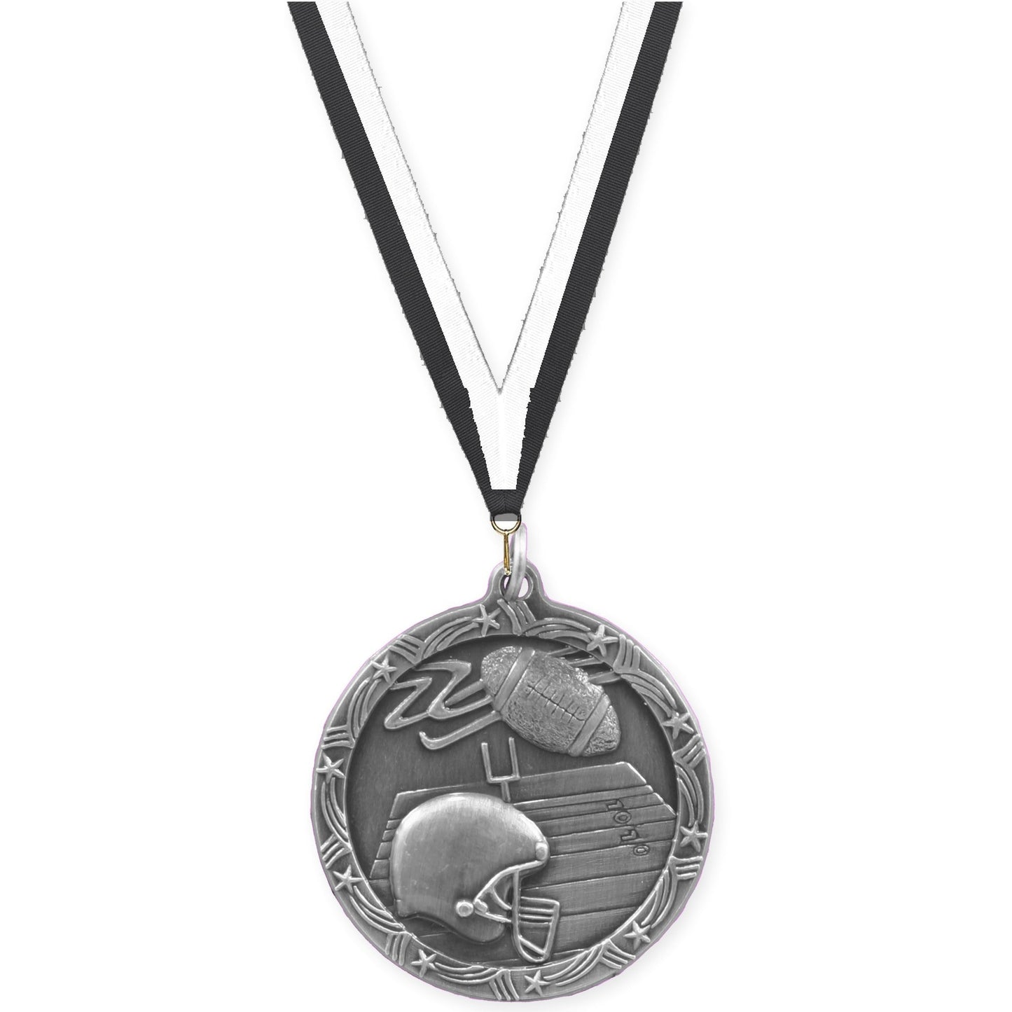 1 3/4 inch football Shooting Star medal in antique silver with Black White neck ribbon