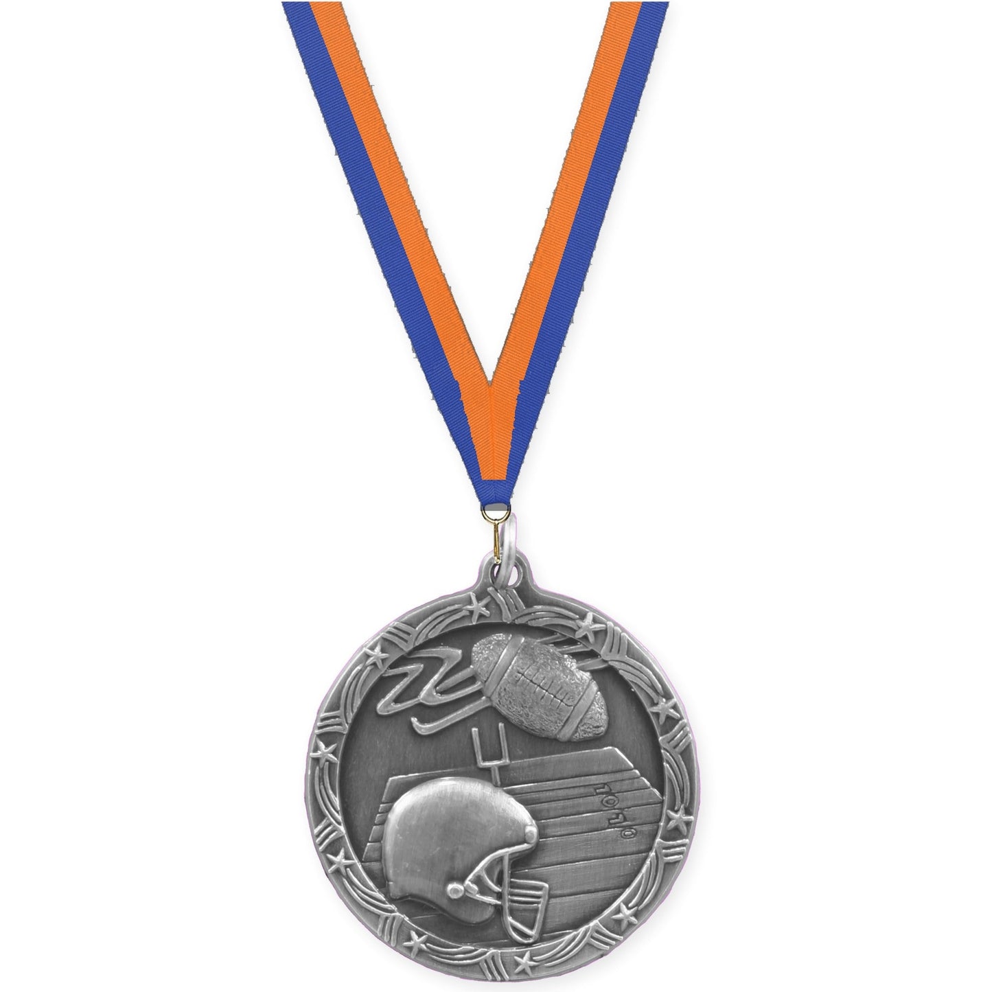 1 3/4 inch football Shooting Star medal in antique silver with Blue Orange neck ribbon