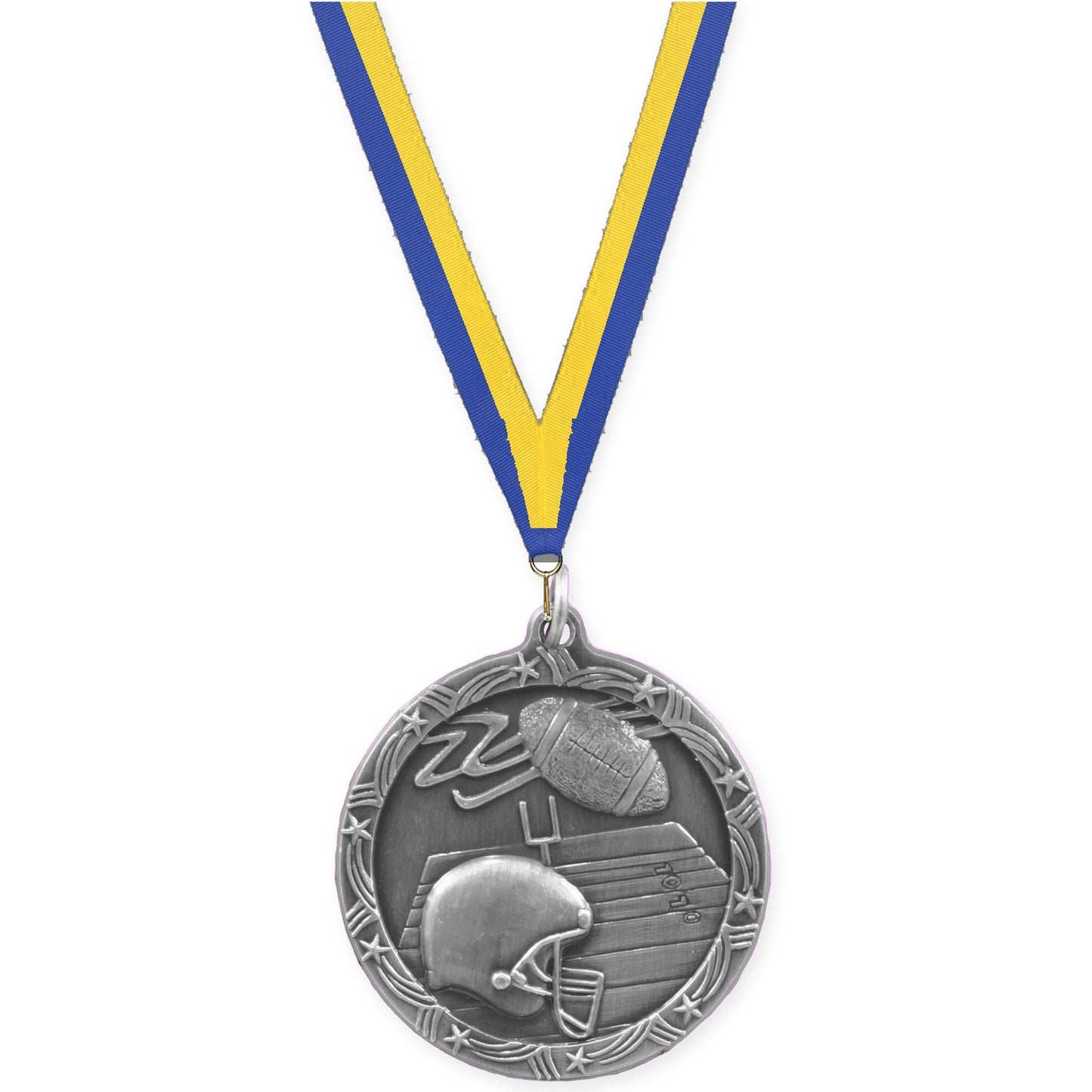 1 3/4 inch football Shooting Star medal in antique silver with Blue Yellow neck ribbon