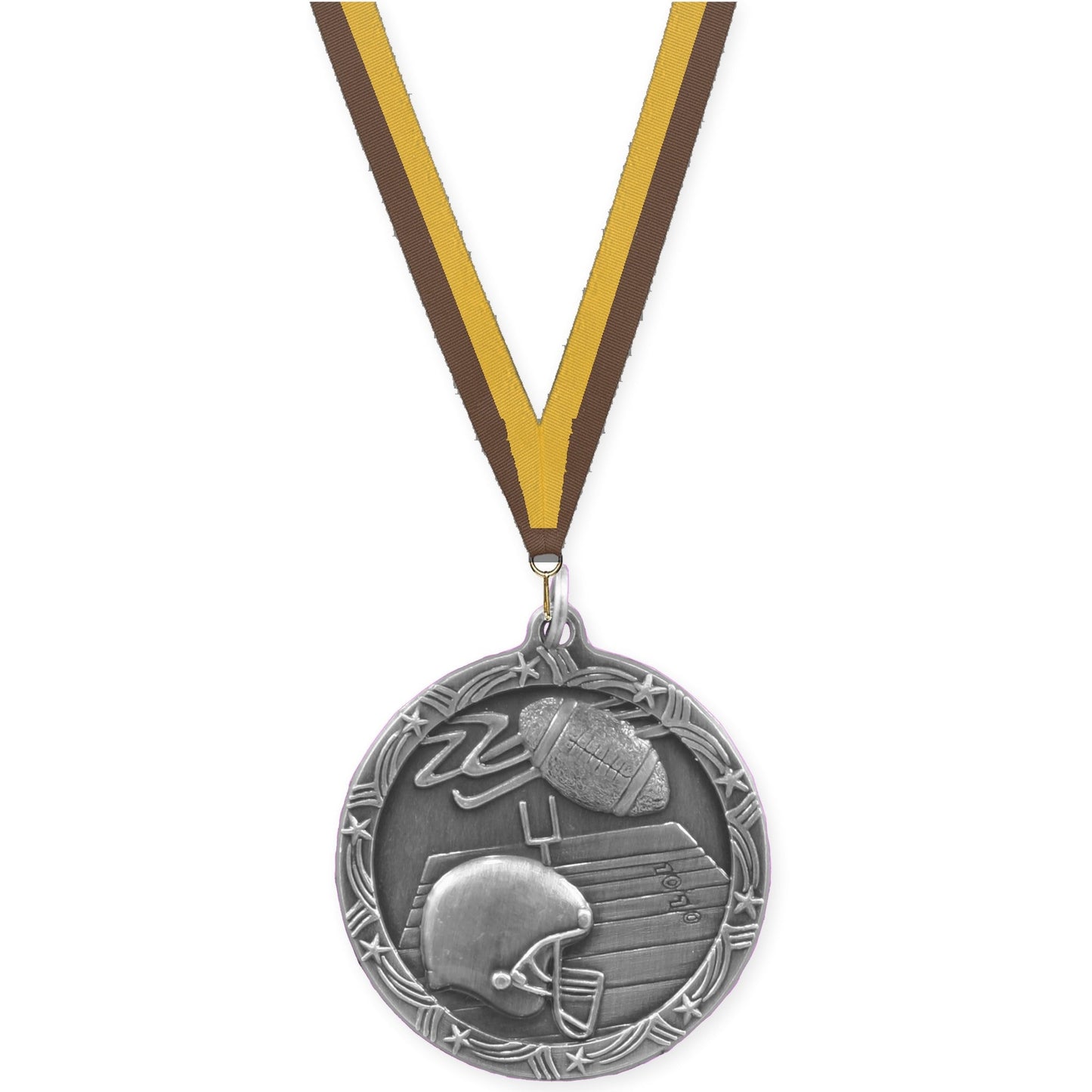 1 3/4 inch football Shooting Star medal in antique silver with Brown Gold neck ribbon