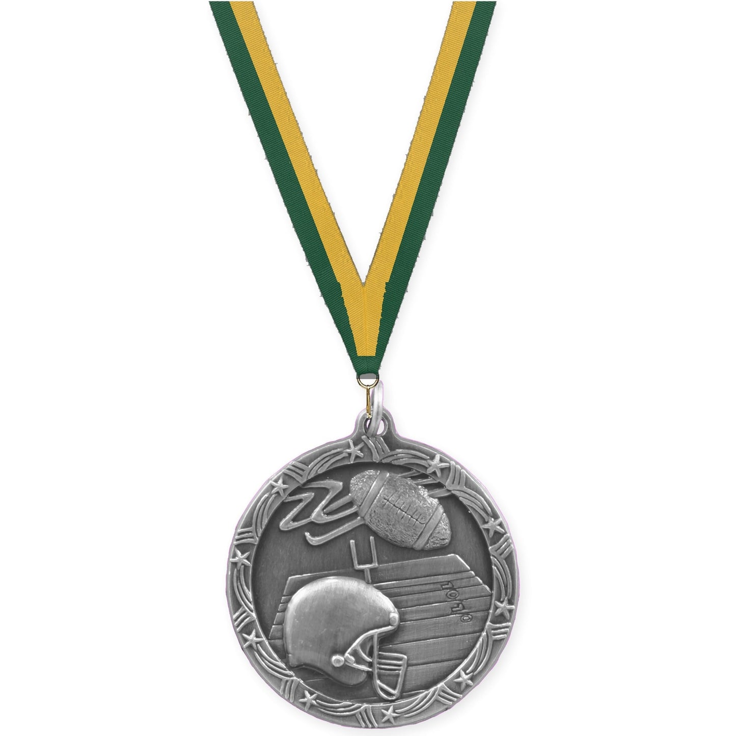 1 3/4 inch football Shooting Star medal in antique silver with Hunter Green Gold neck ribbon