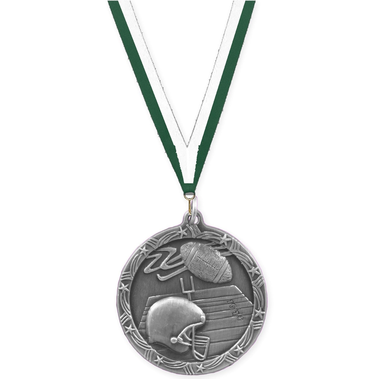 1 3/4 inch football Shooting Star medal in antique silver with Hunter Green White neck ribbon