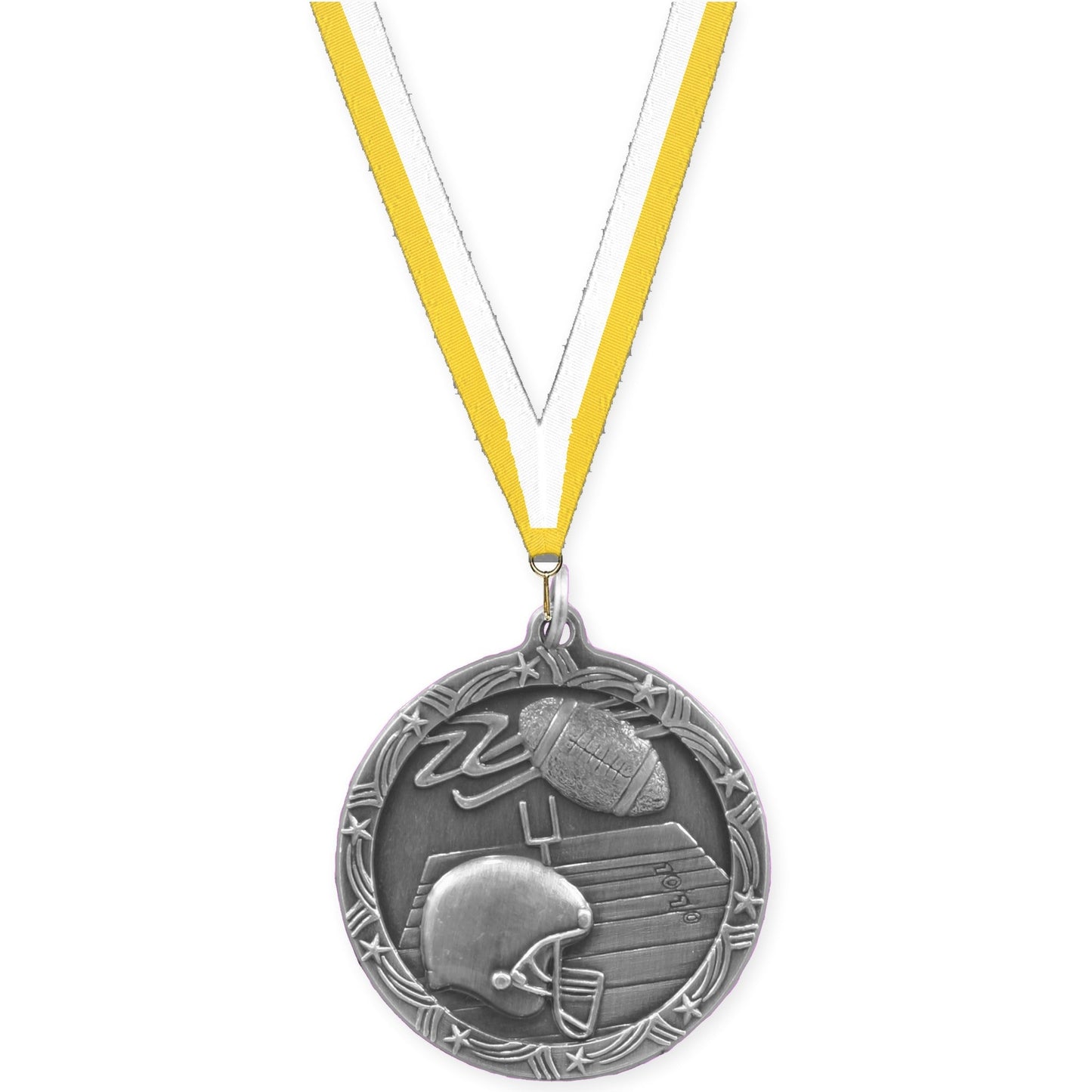 2 1/2 inch football Shooting Star medal in antique silver with Yellow White neck ribbon