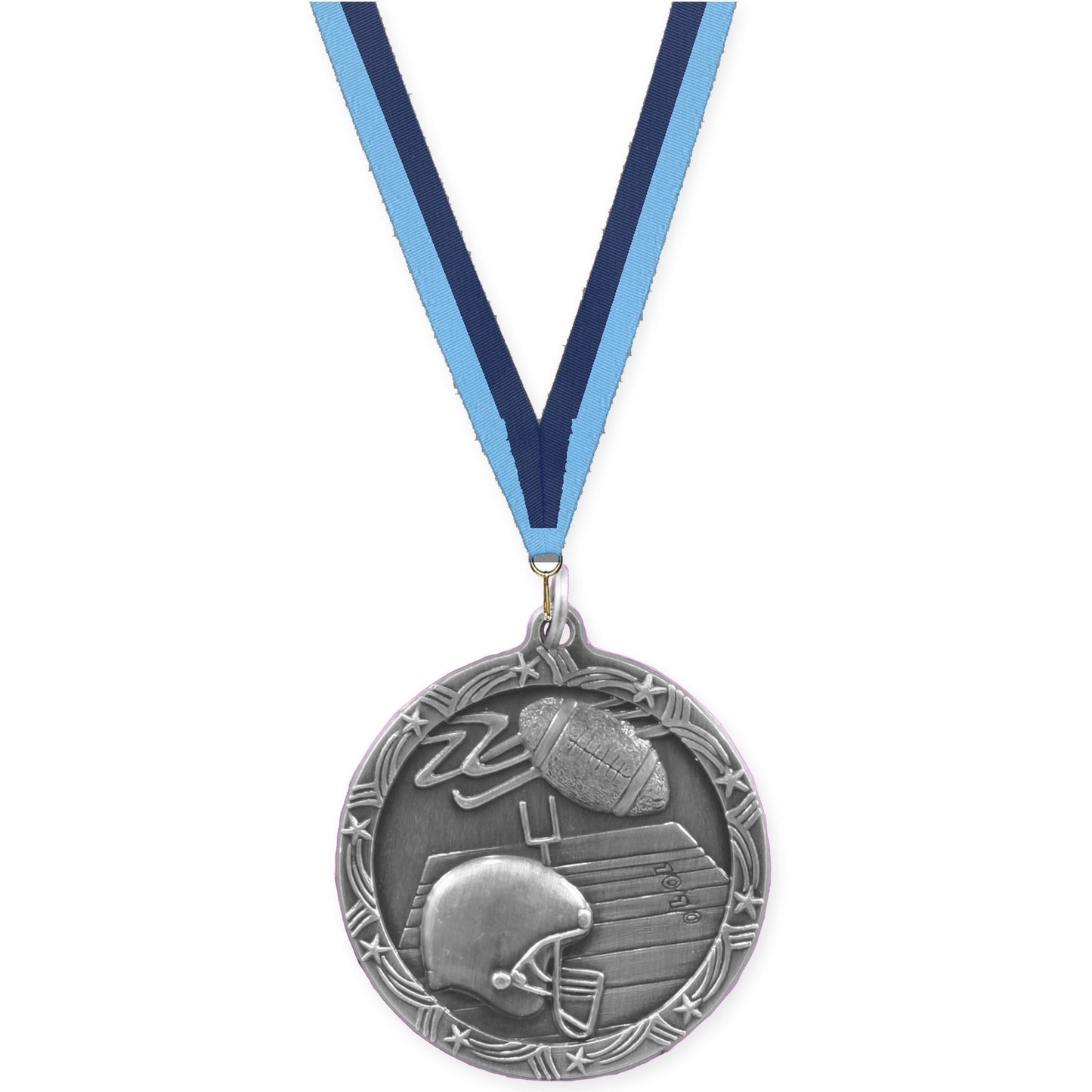 1 3/4 inch football Shooting Star medal in antique silver with Light Blue Navy neck ribbon