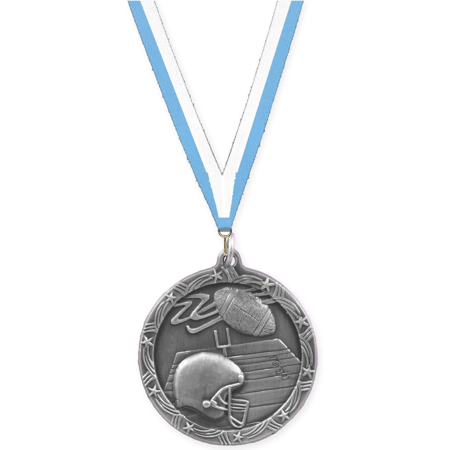 1 3/4 inch football Shooting Star medal in antique silver with Light Blue White neck ribbon