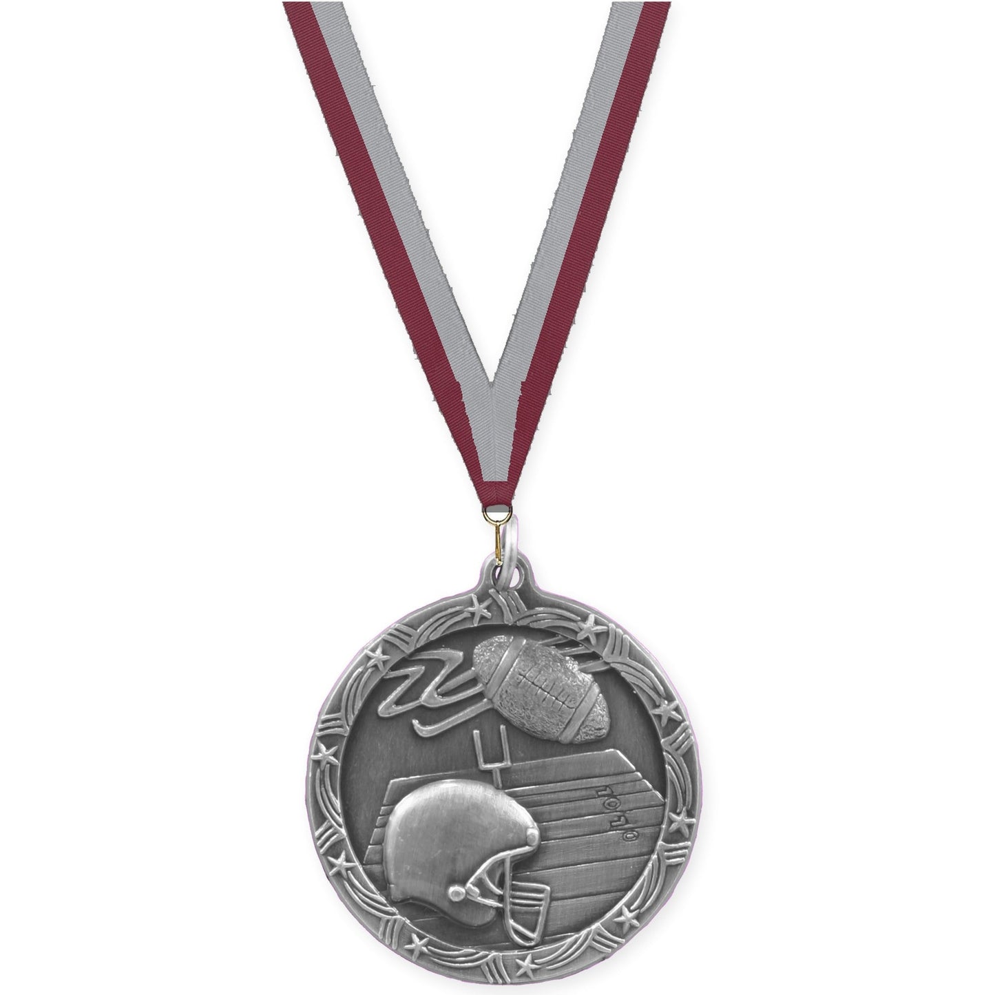 1 3/4 inch football Shooting Star medal in antique silver with Maroon Gray neck ribbon