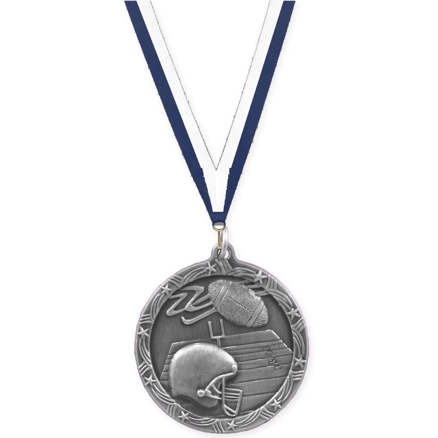 1 3/4 inch football Shooting Star medal in antique silver with Navy White neck ribbon