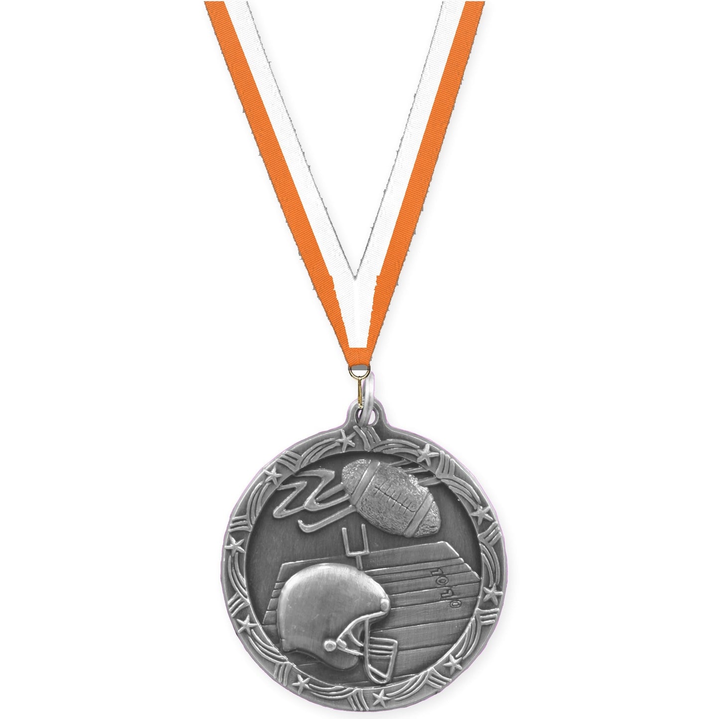 1 3/4 inch football Shooting Star medal in antique silver with Orange White neck ribbon