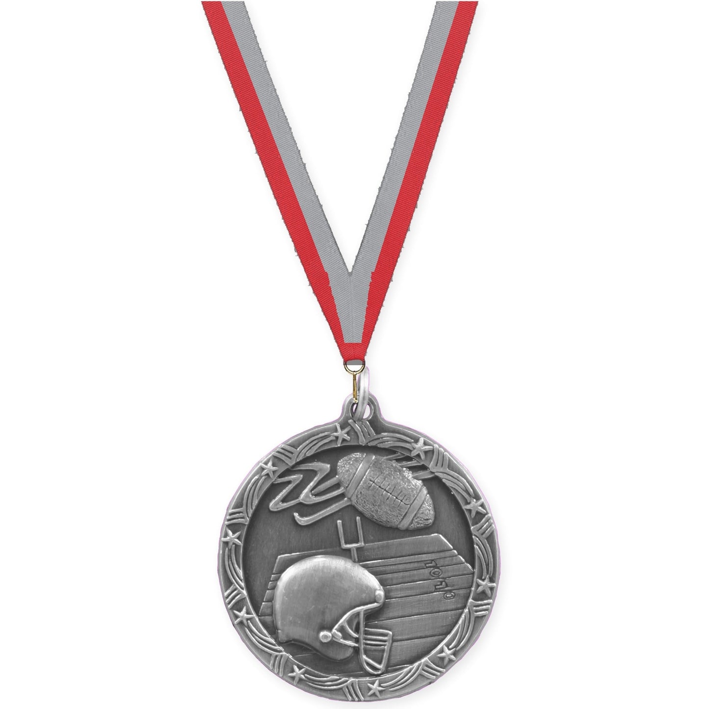 1 3/4 inch football Shooting Star medal in antique silver with Red Gray neck ribbon