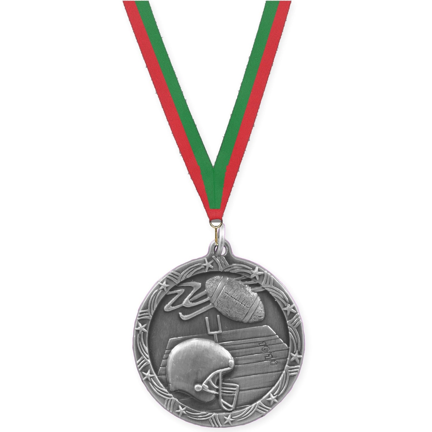 2 1/2 inch football Shooting Star medal in antique silver with Red Green neck ribbon