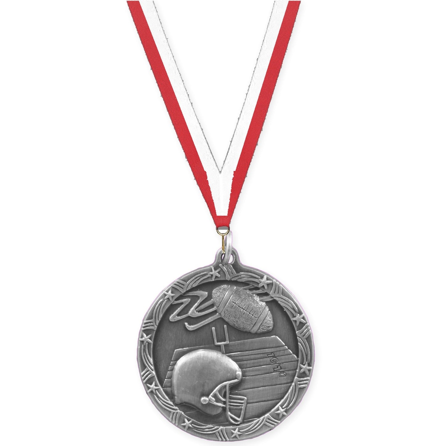 2 1/2 inch football Shooting Star medal in antique silver with Red White neck ribbon