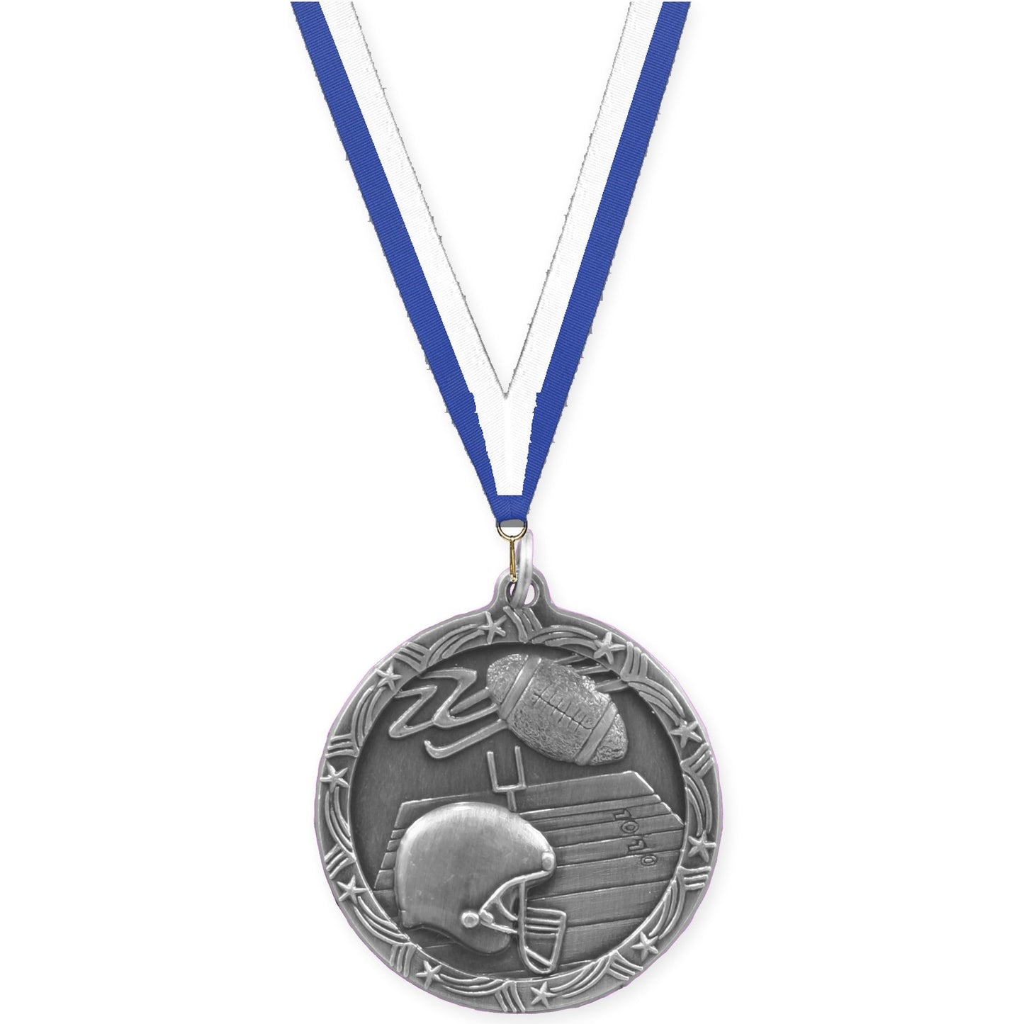 1 3/4 inch football Shooting Star medal in antique silver with Blue White neck ribbon