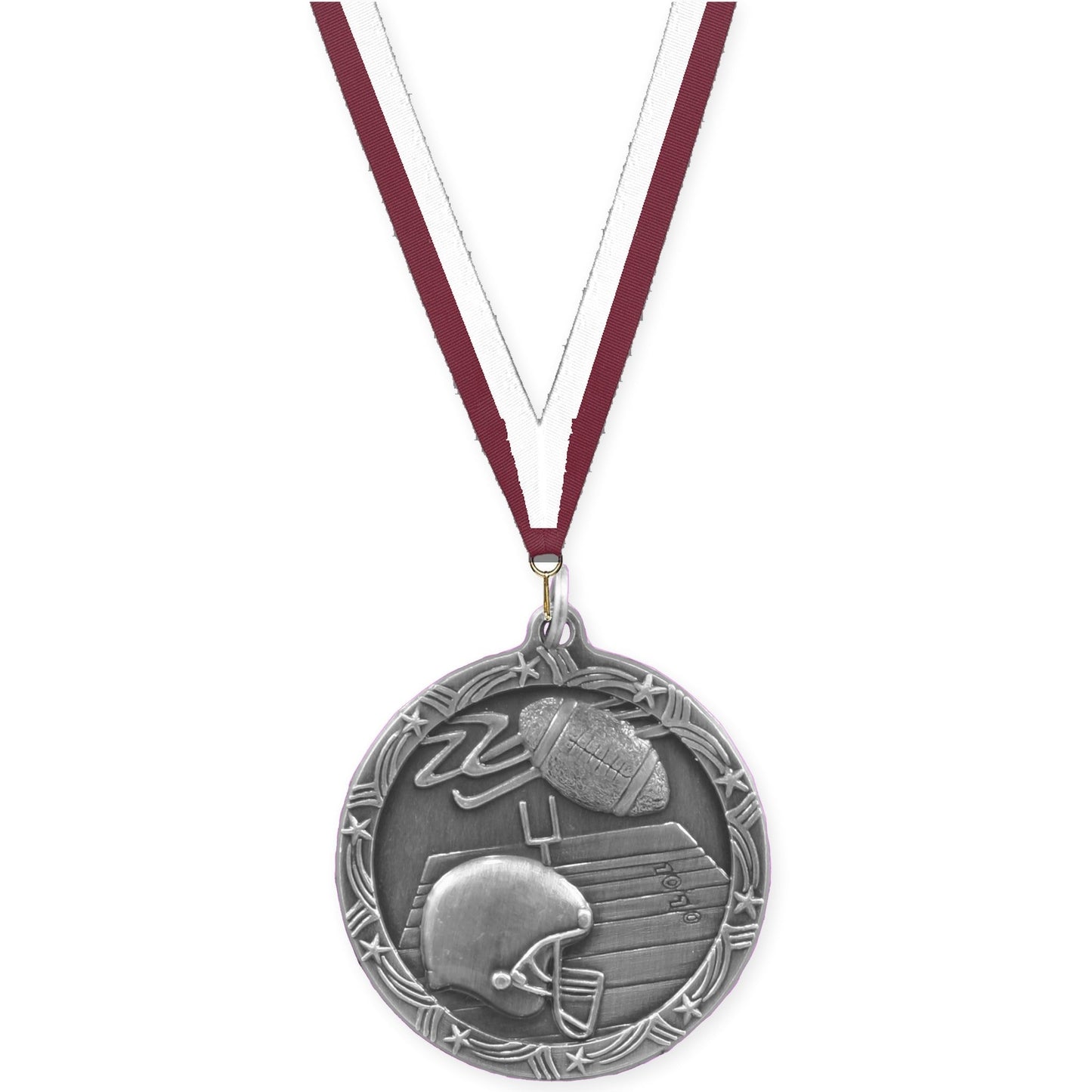 1 3/4 inch football Shooting Star medal in antique silver with Maroon White neck ribbon