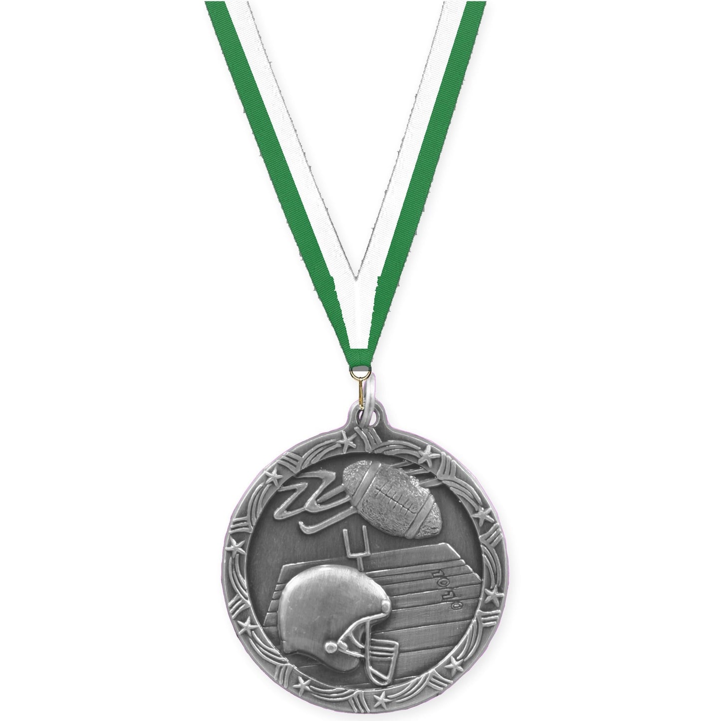 2 1/2 inch football Shooting Star medal in antique silver with Green White neck ribbon