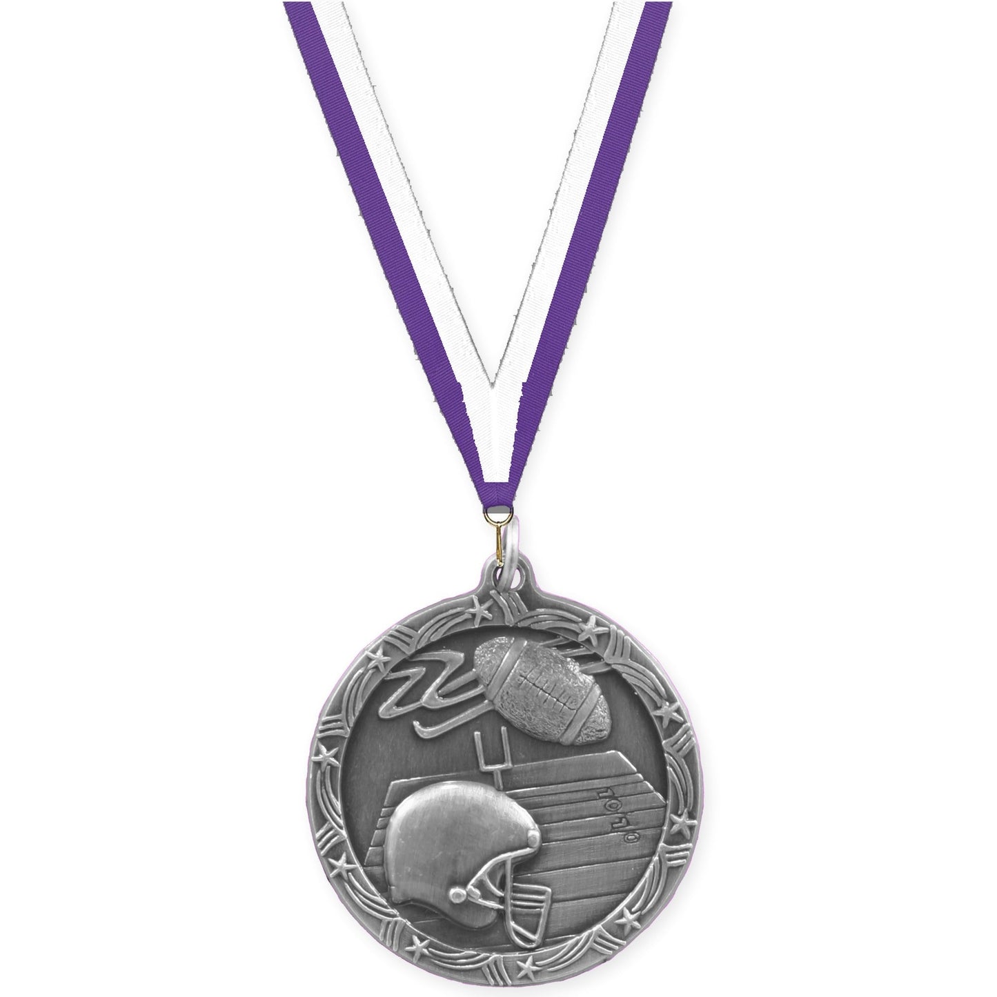 1 3/4 inch football Shooting Star medal in antique silver with Purple White neck ribbon