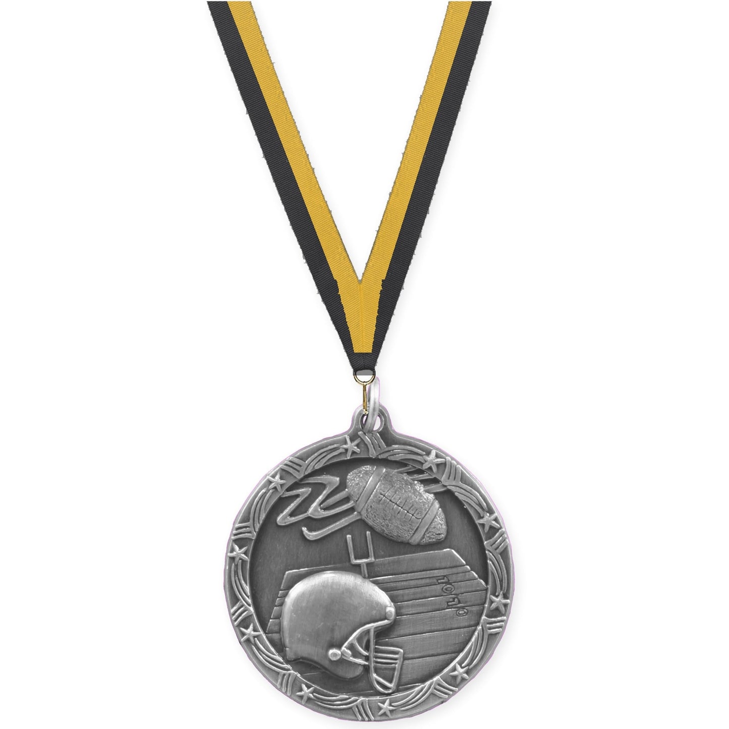 2 1/2 inch football Shooting Star medal in antique silver with Black Gold neck ribbon
