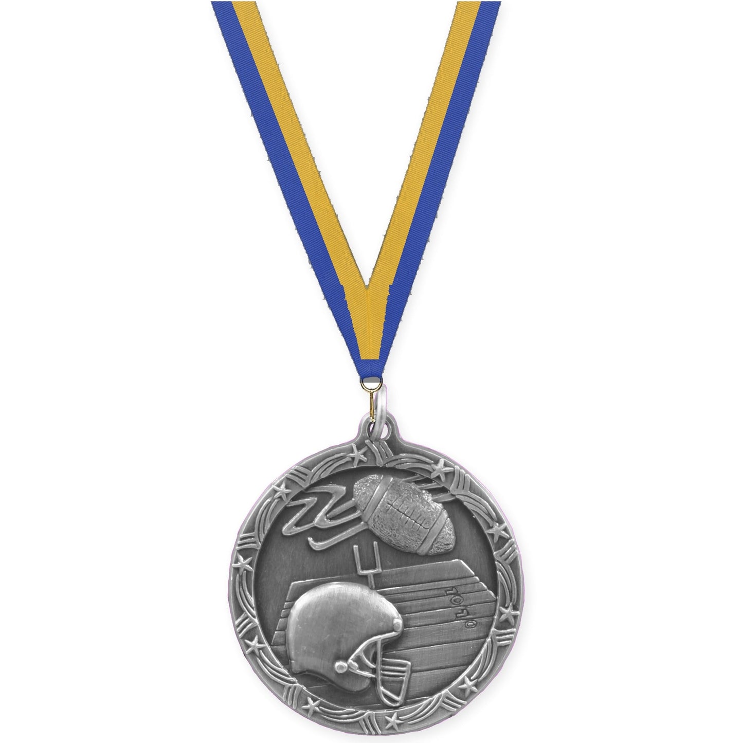 1 3/4 inch football Shooting Star medal in antique silver with Blue Gold neck ribbon