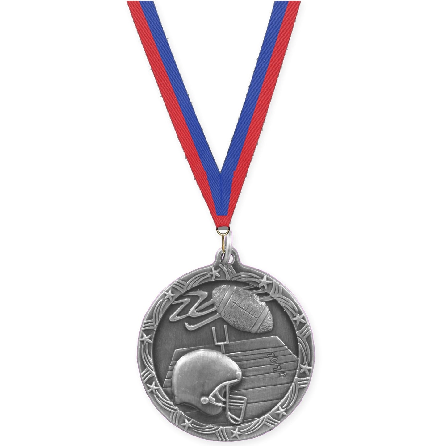 2 1/2 inch football Shooting Star medal in antique silver with Blue Red neck ribbon