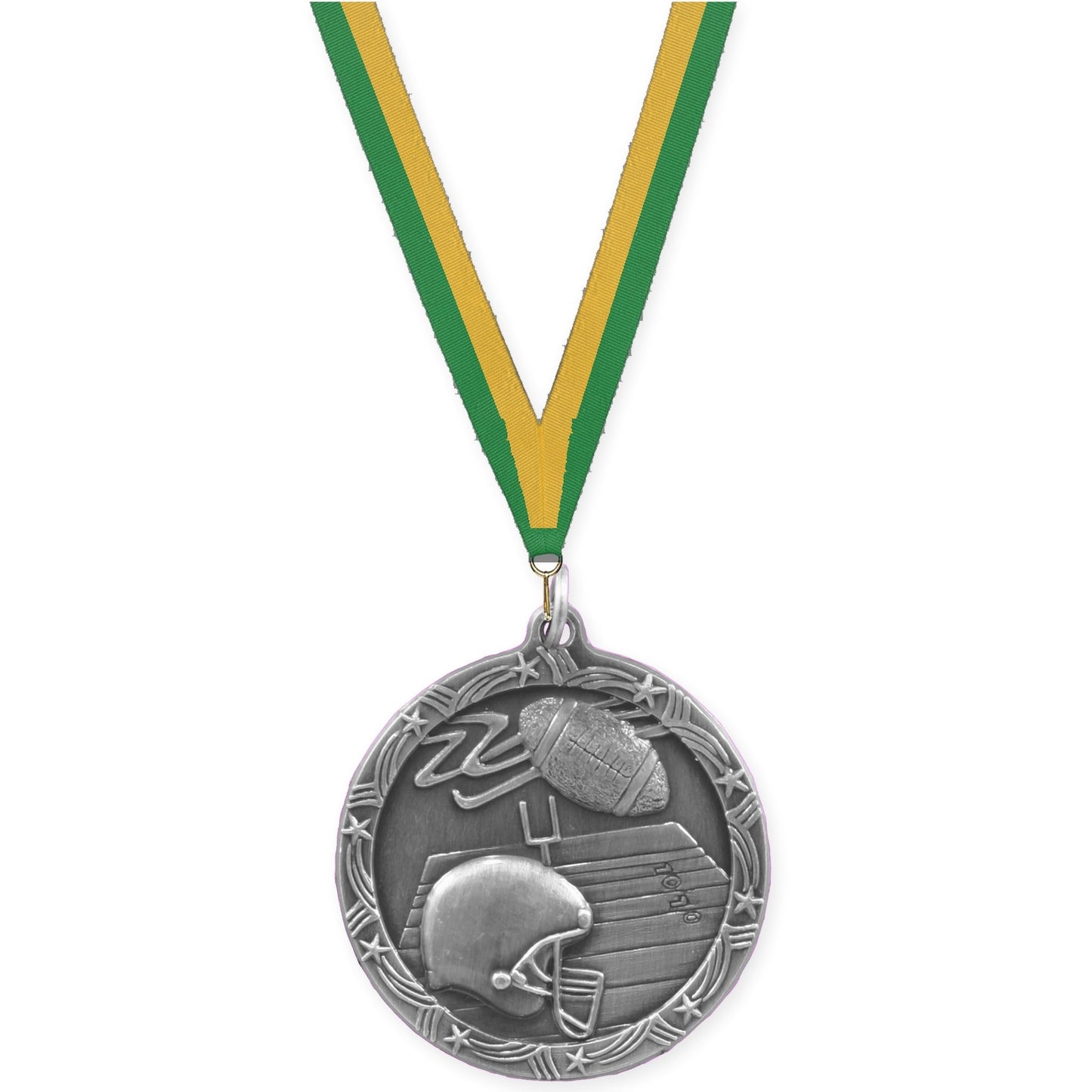 2 1/2 inch football Shooting Star medal in antique silver with Green Gold neck ribbon