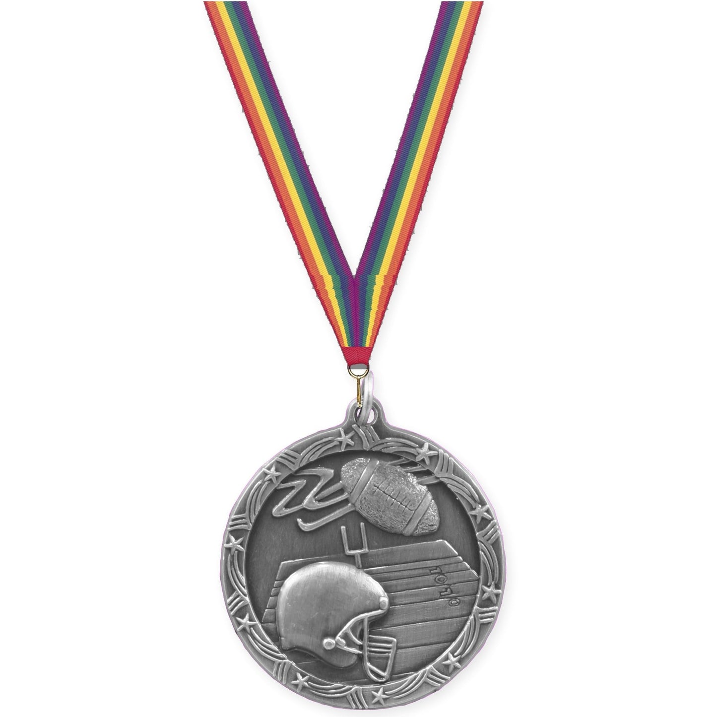 1 3/4 inch football Shooting Star medal in antique silver with Rainbow neck ribbon