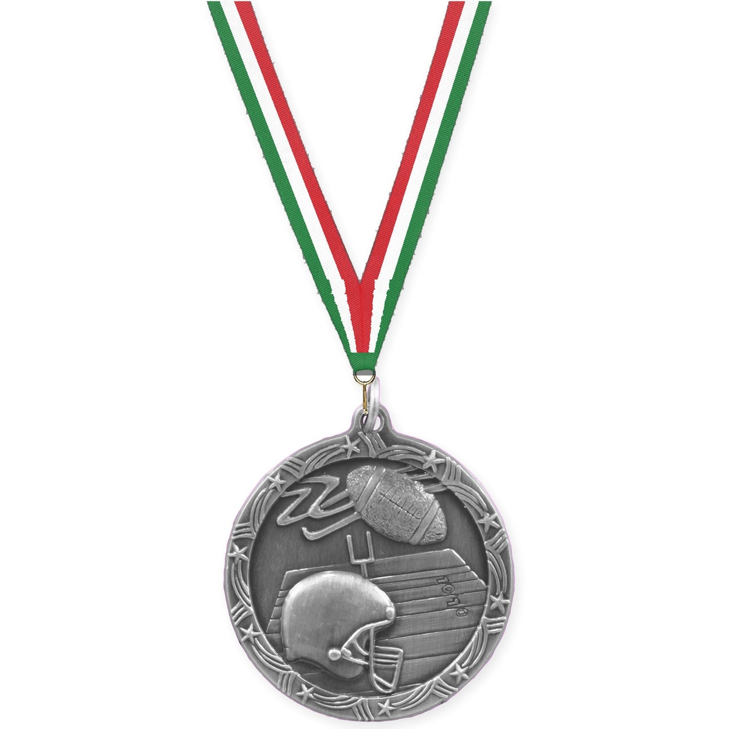 2 1/2 inch football Shooting Star medal in antique silver with Green White Red neck ribbon