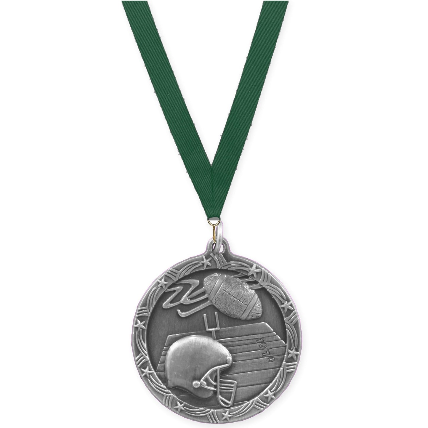 1 3/4 inch football Shooting Star medal in antique silver with Hunter Green neck ribbon
