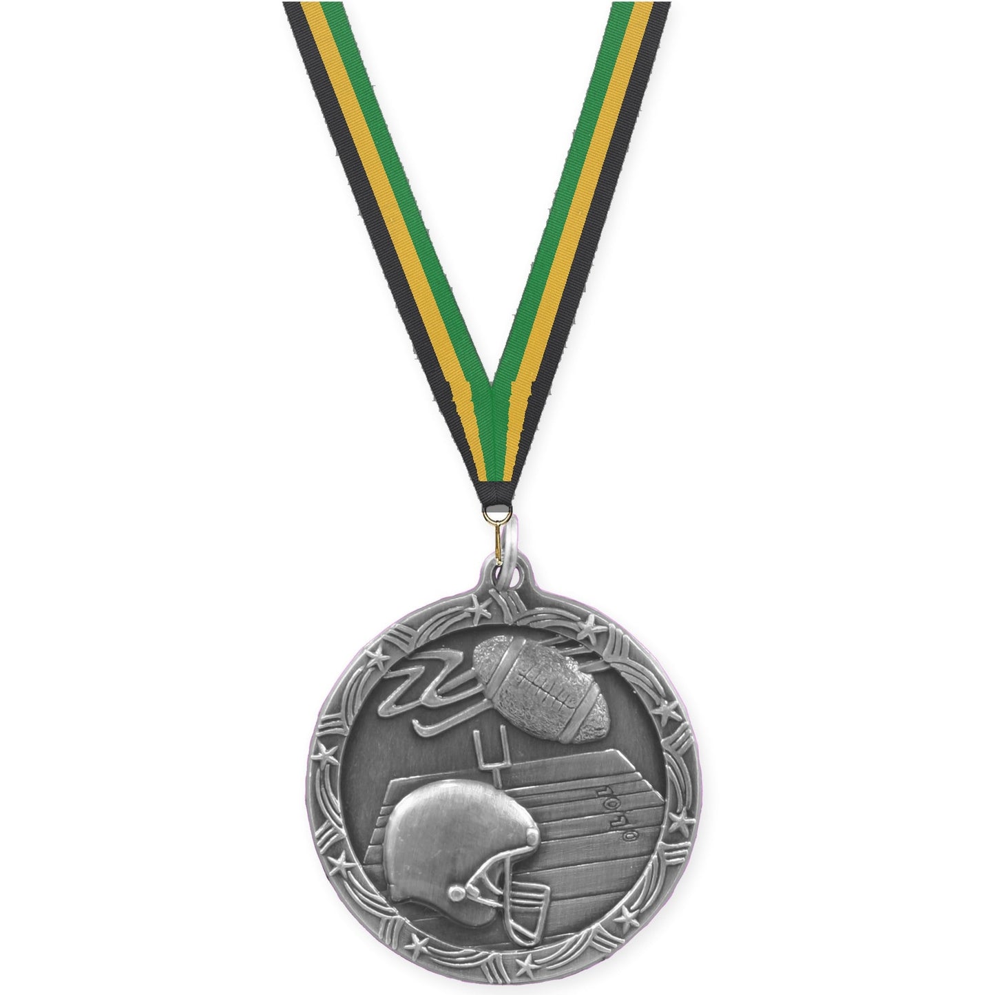 1 3/4 inch football Shooting Star medal in antique silver with Black Gold Green neck ribbon