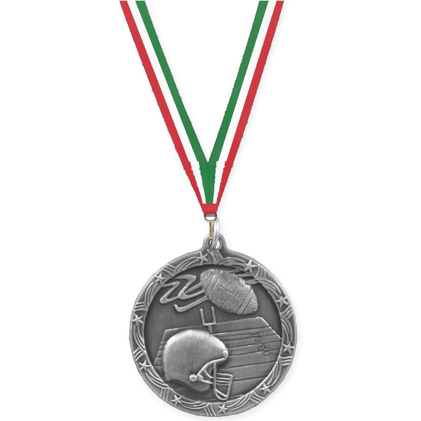 2 1/2 inch football Shooting Star medal in antique silver with Red White Green neck ribbon