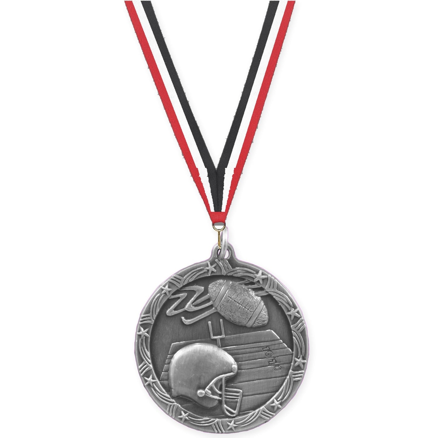 1 3/4 inch football Shooting Star medal in antique silver with Red White Black neck ribbon
