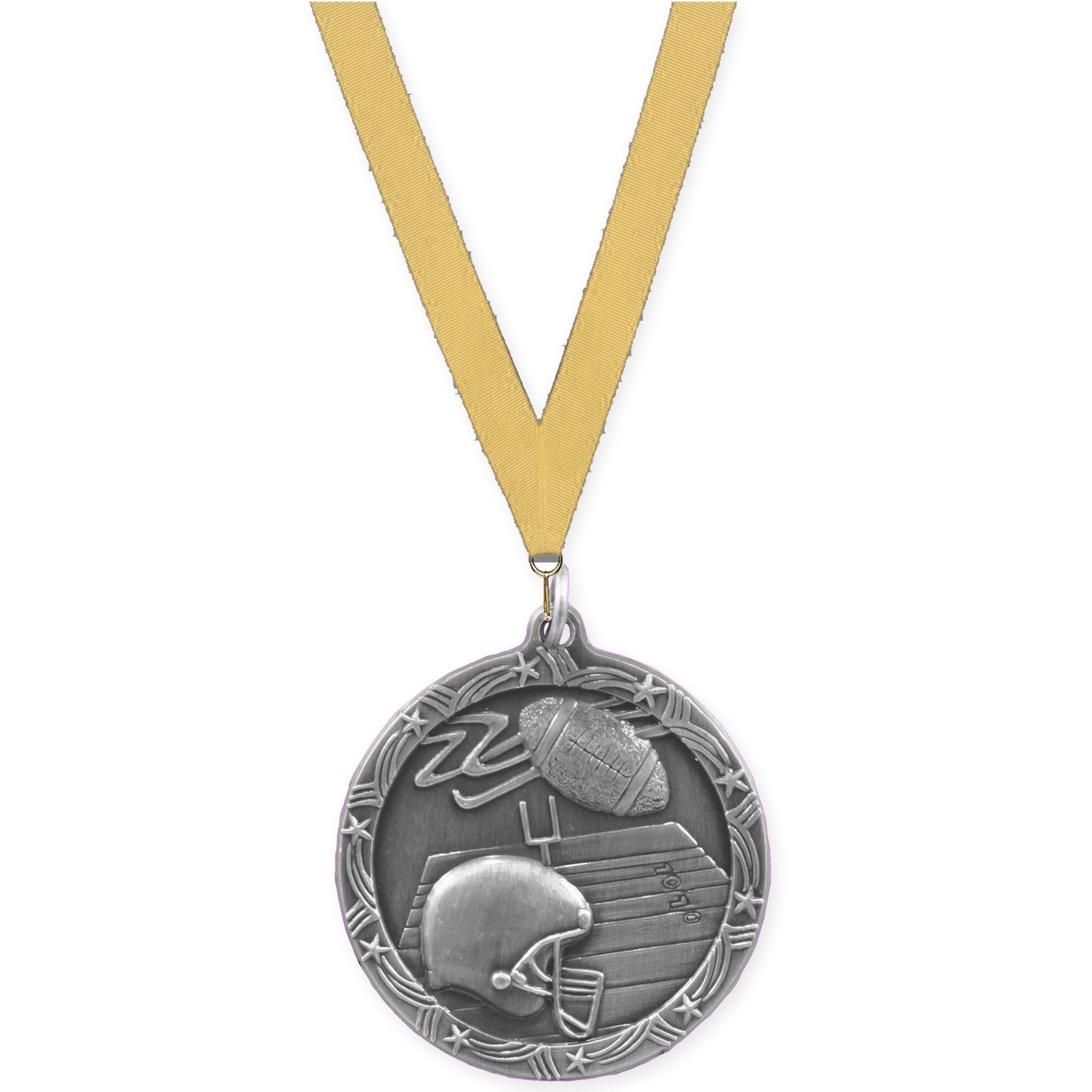 1 3/4 inch football Shooting Star medal in antique silver with Gold Metallic neck ribbon