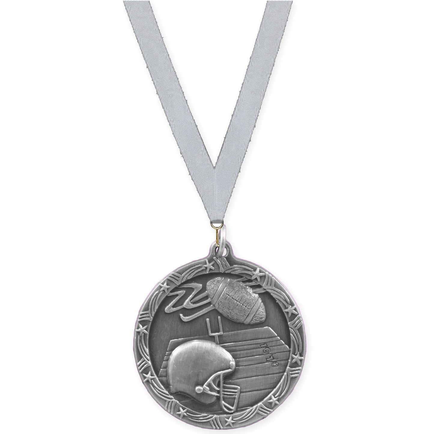 1 3/4 inch football Shooting Star medal in antique silver with Silver Metallic neck ribbon