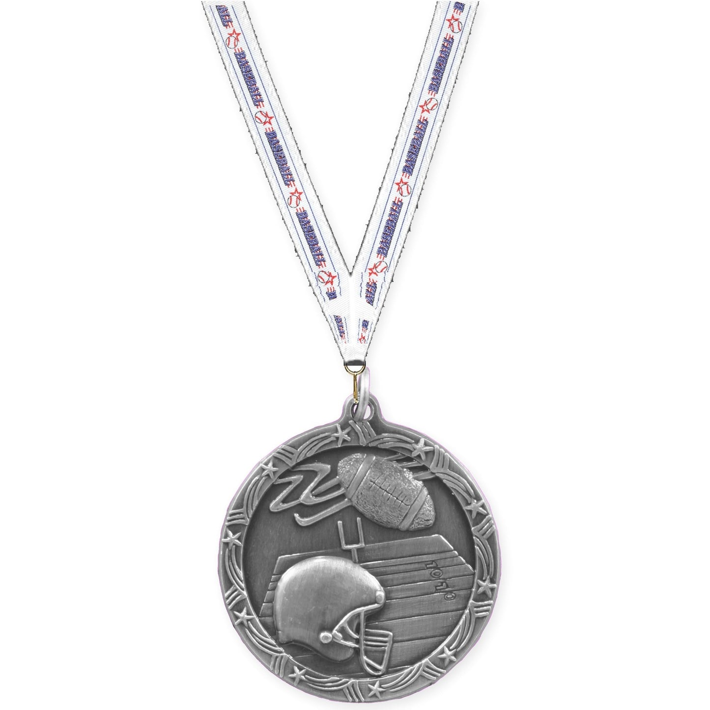 2 1/2 inch football Shooting Star medal in antique silver with Baseball neck ribbon
