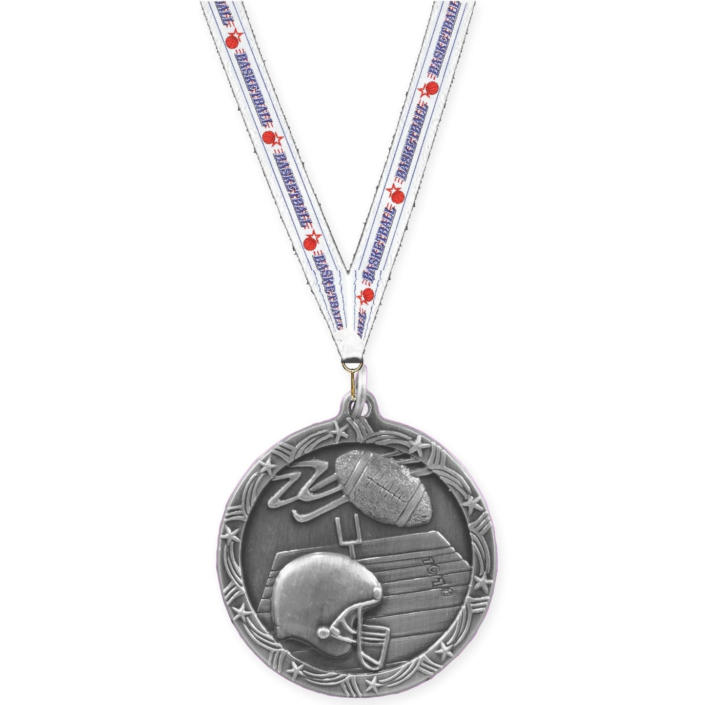 1 3/4 inch football Shooting Star medal in antique silver with Basketball neck ribbon